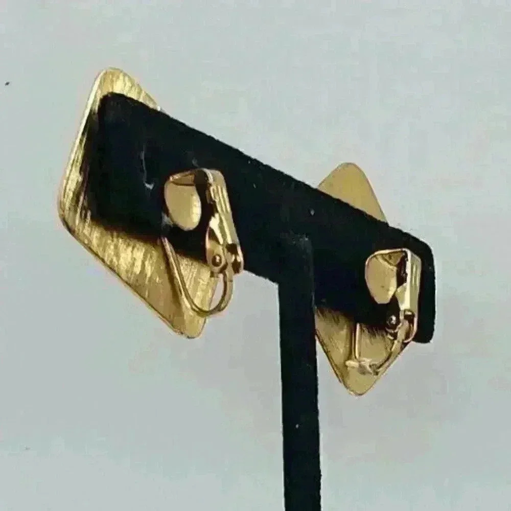 Vintage Clip Earrings Big Gold Square with Silver Cabochon Center REtro 50s Era - Picture 3 of 6